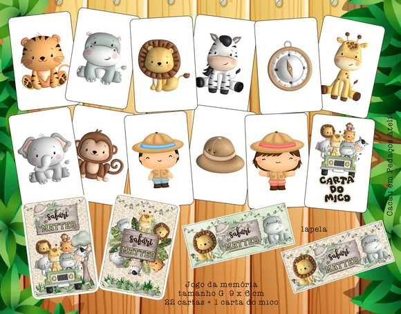 40 Jogos da Memória G Personalizado Safári + Carta Mico