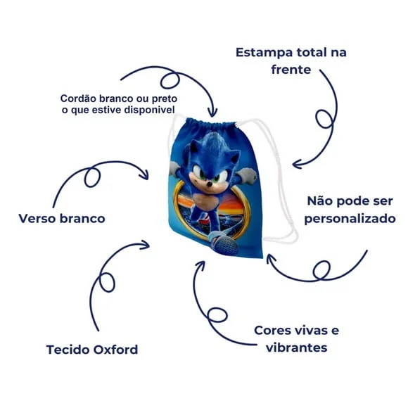 50 Sacochila Lembrancinha Mochila Sonic Game - Aniversário