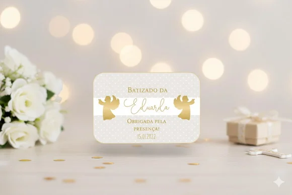 Adesivo Marmitinha Personalizado Batizado Dourado (15 Un)