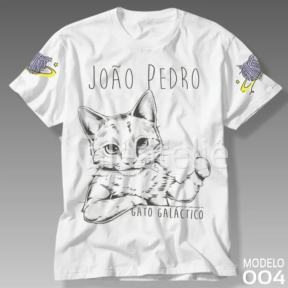 Camiseta Gato Galáctico Infantil Adulto Personalizada Nome