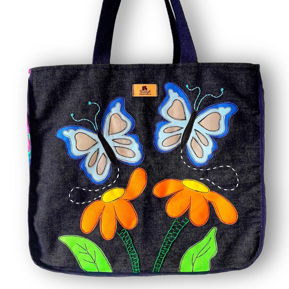 Bolsa Artesanal Feminina de Tecido Jeans Bordada à Mão Nori