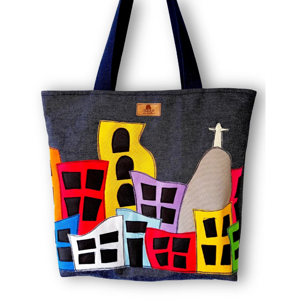 Bolsa Artesanal Feminina de Tecido Jeans Bordada à Máquina Favela Rio