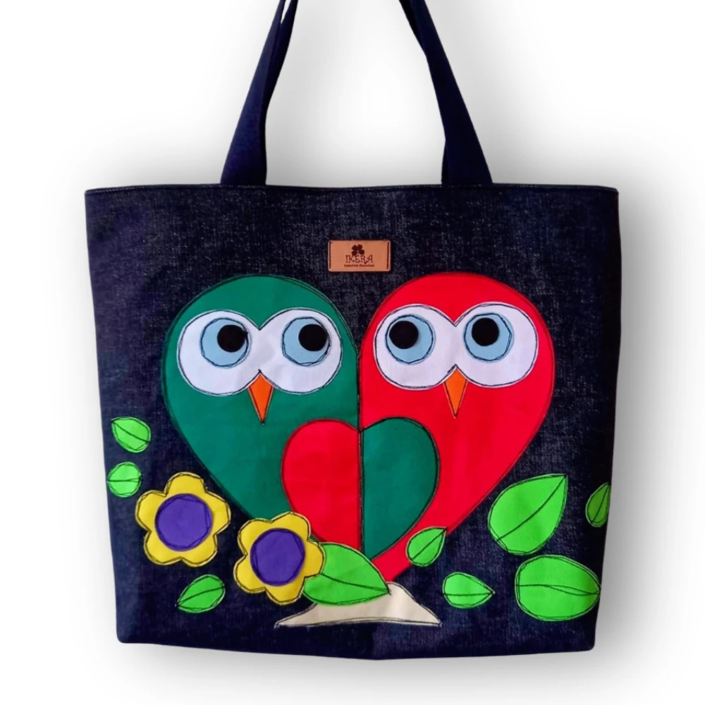 Bolsa de Tecido Jeans Bordada à Mão Corujas Apaixonadas