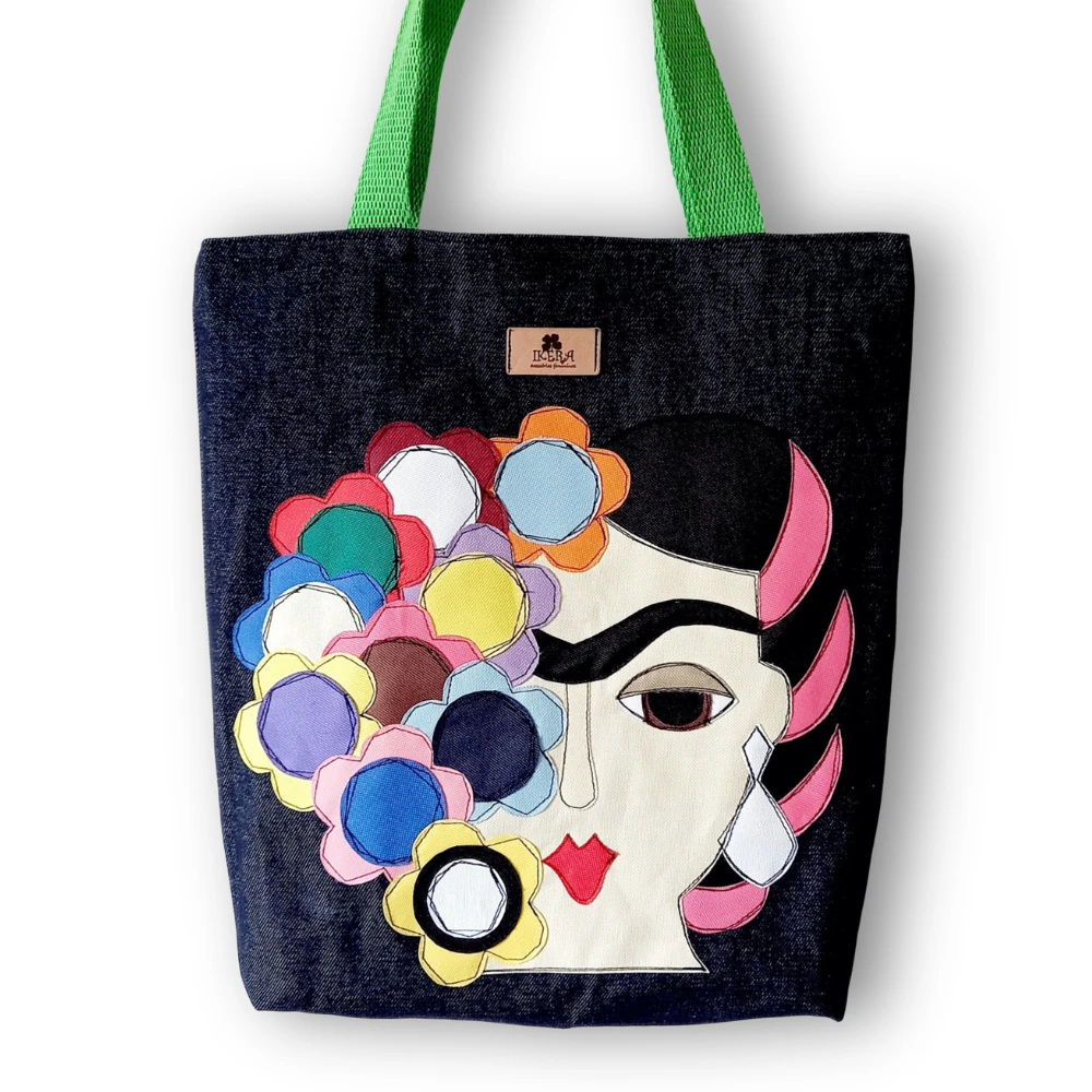Bolsa de Tecido Jeans Tipo Sacola Dupla Face Frida Kahlo
