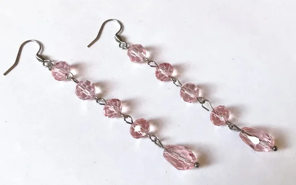 Brinco Cristal Rosa Facetado e Gota e Acabamento em Inox