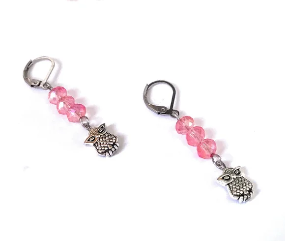 Brinco em Inox Cristal Rosa Facetado e Coruja
