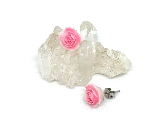 Brinco Flor Rosa e Aço Inox