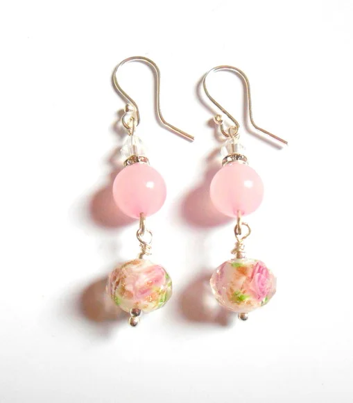 Brinco Quartzo Rosa , Cristais e Prata 925