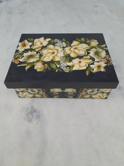 Caixa em mdf para Joia/bijuteria Preta Decoração Floral
