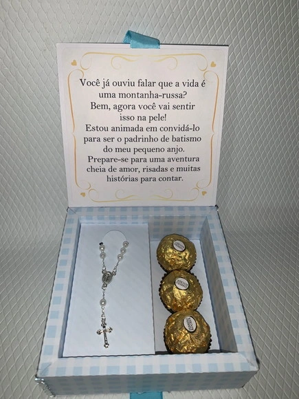 Caixa Padrinho Mini Terço e Chocolate