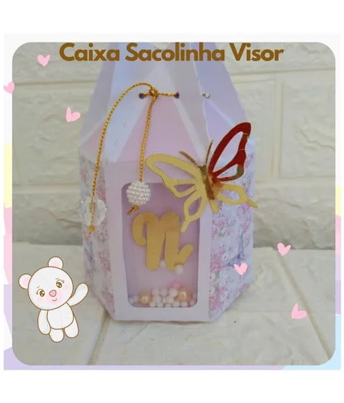Caixa Sacolinha Visor Borboleta Sextavada Lembrancinha