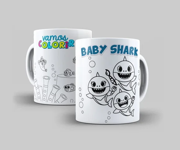 Caneca Porcelana BabyShark para colorir