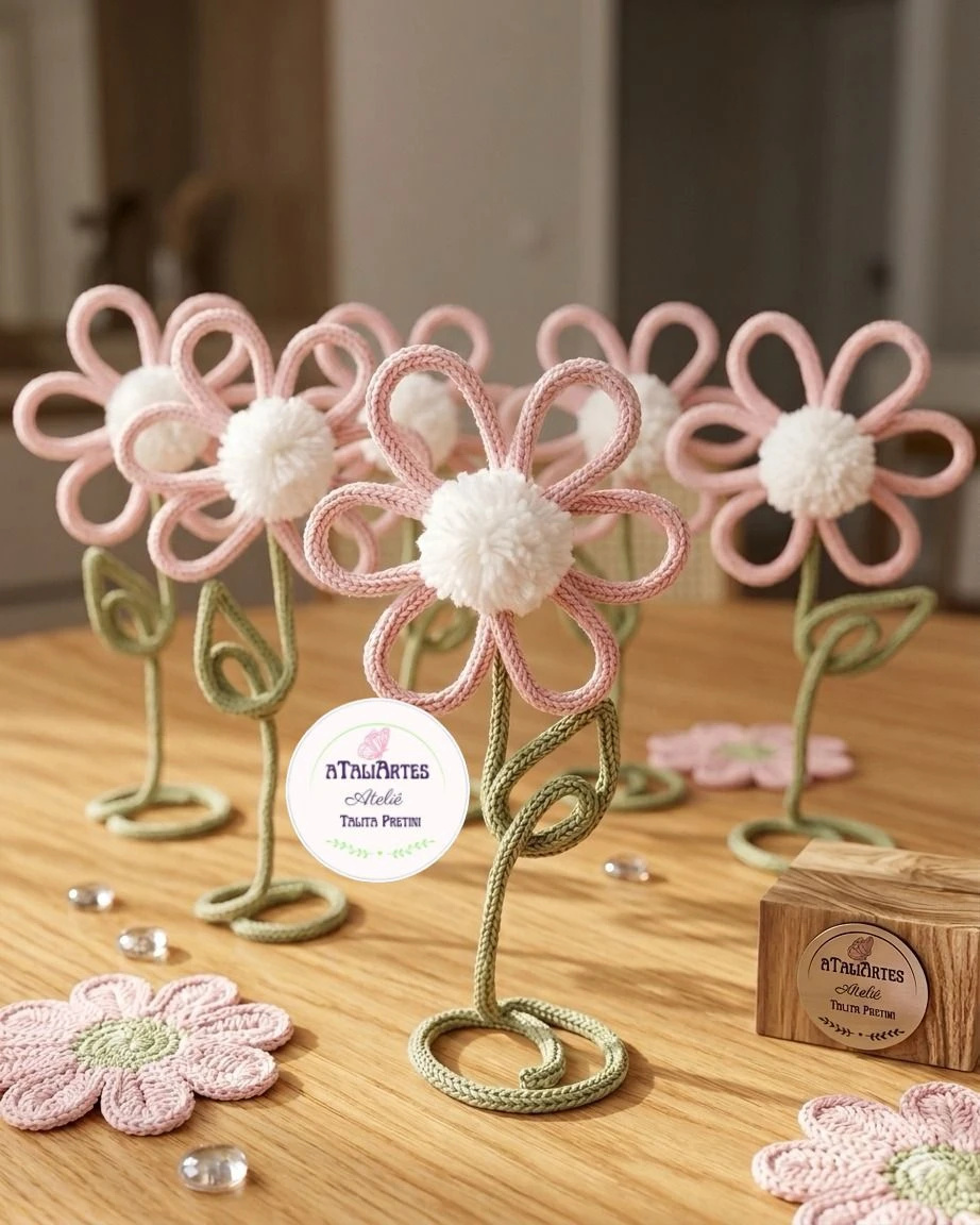 Centro de mesa Margarida com pompom porta retrato de tricotin