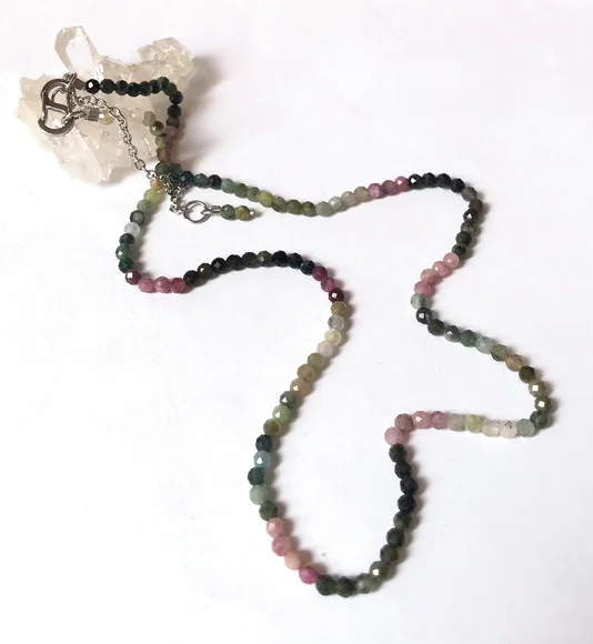 Choker Colar com Turmalina Melancia Facetadas e Aço Inox