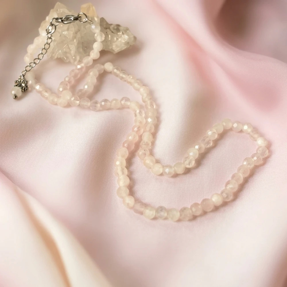 Choker Colar Quartzo Rosa Facetado 4mm e Aço Inox