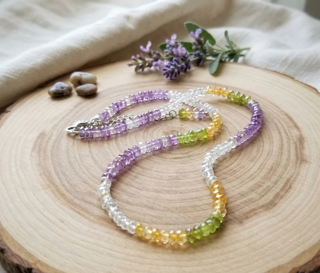 Colar Choker Cristal Ametista, Cristal Peridoto, Cristal Citrino e  Cristal Transparente - Aço Inox