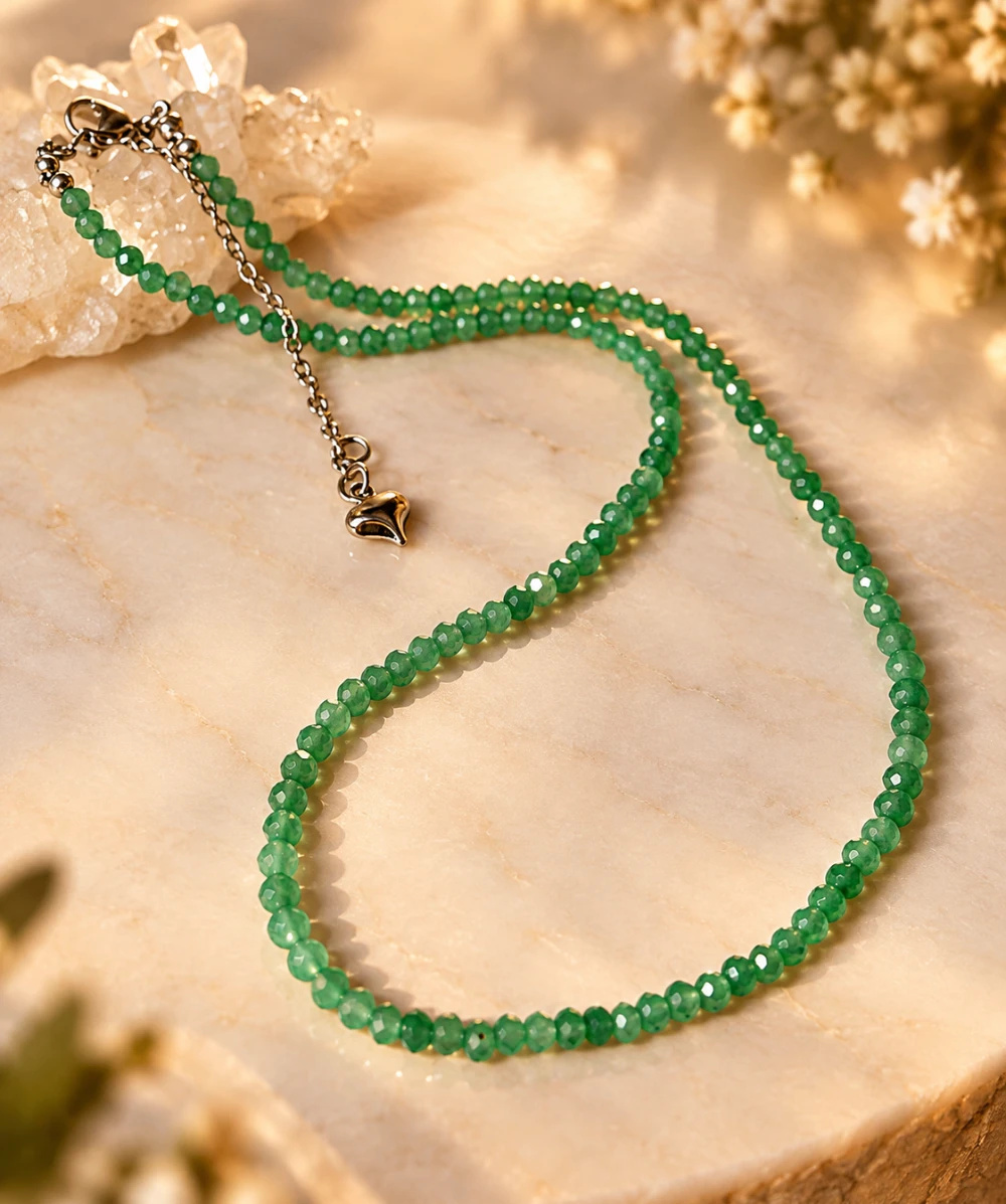 Colar Choker Quartzo Verde Aventurina Facetado 40cm + Extensor em inox