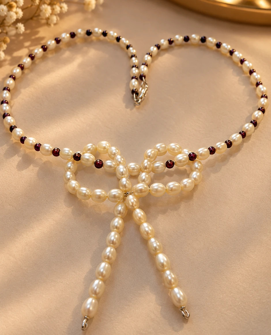 Colar Elegante de Pérolas de Água Doce e Granada Prata 925