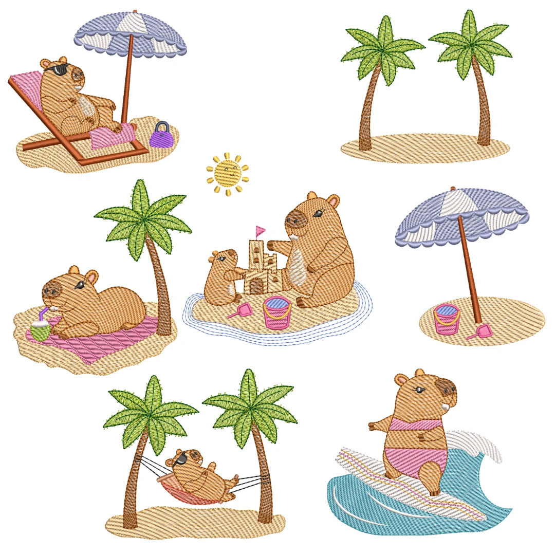 Coleção de Matrizes de Bordado Capivaras na Praia (Pontos Leves)