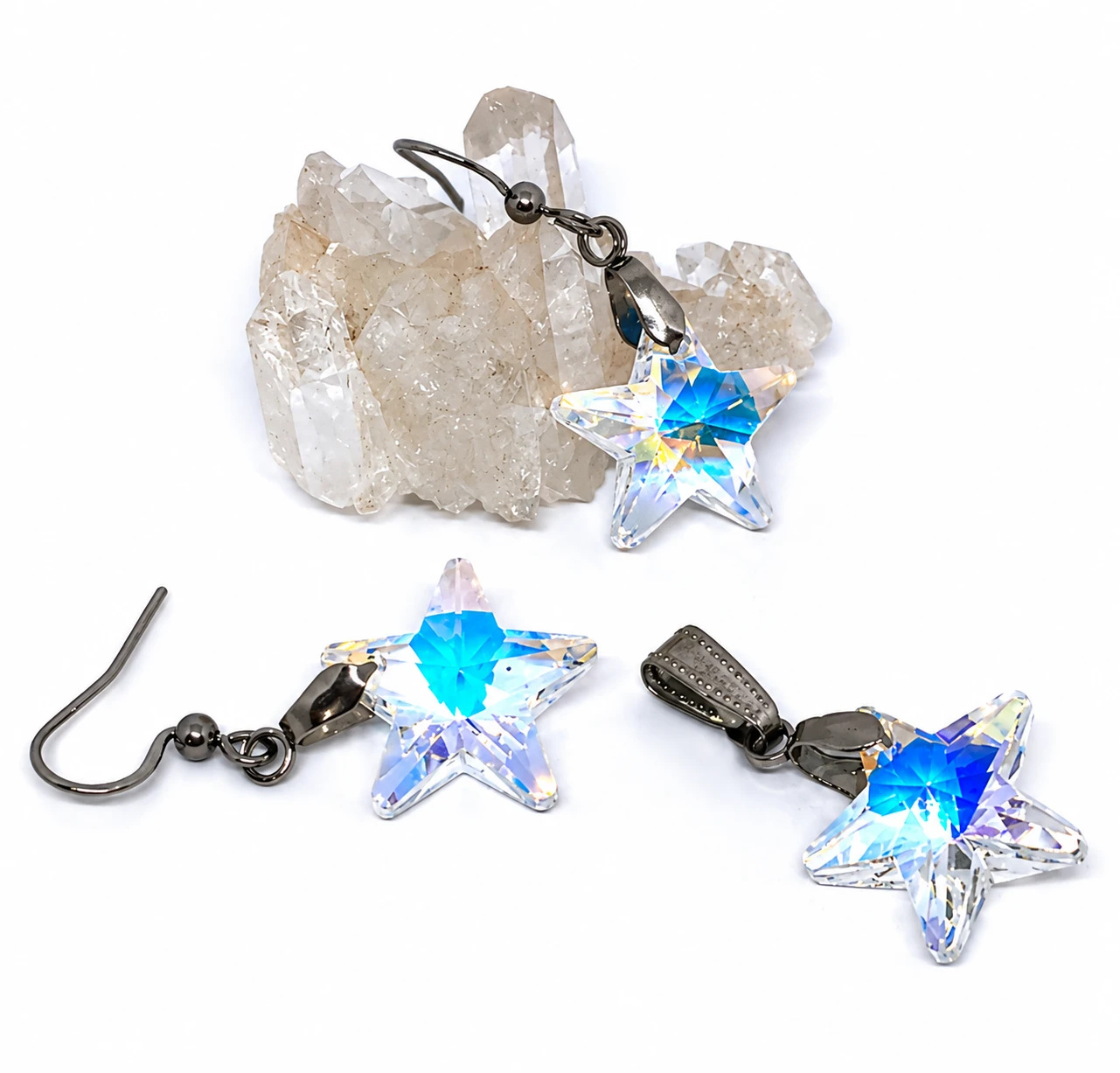 Conjunto Brinco e Pingente Estrela de Cristal AB Aço Inoxidável Antialérgico