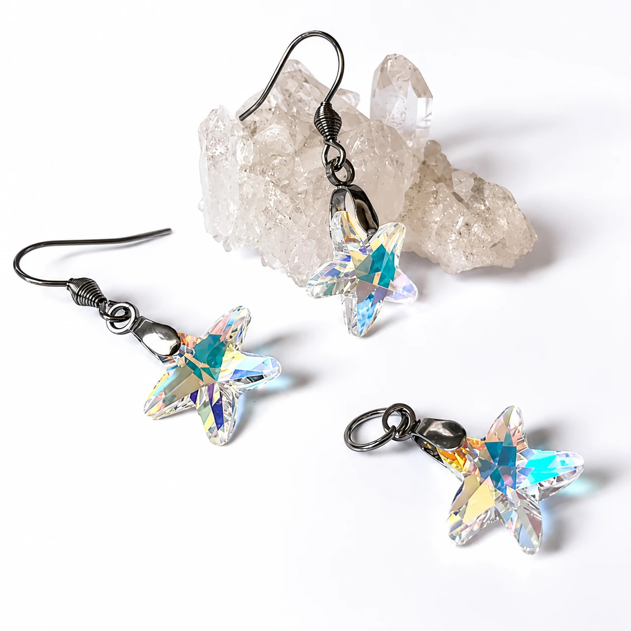 Conjunto Brinco e Pingente Estrela do mar de Cristal AB Aço Inoxidável Antialérgico