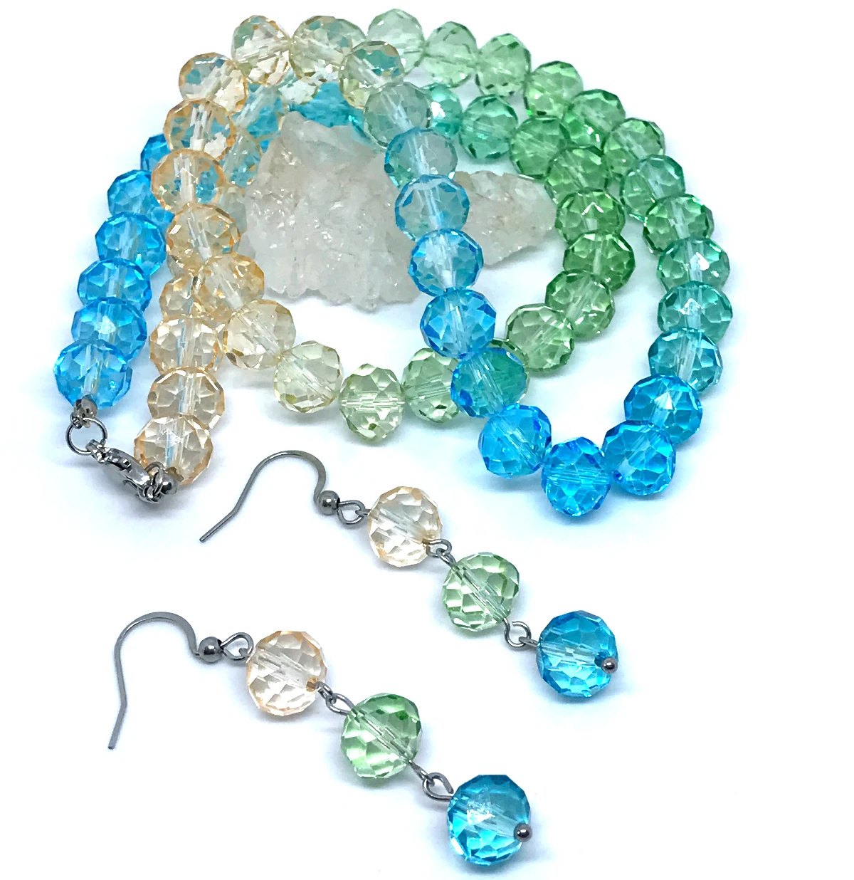Conjunto Colar e Brincos Cristal Tie Dye 10mm e Aço Inox