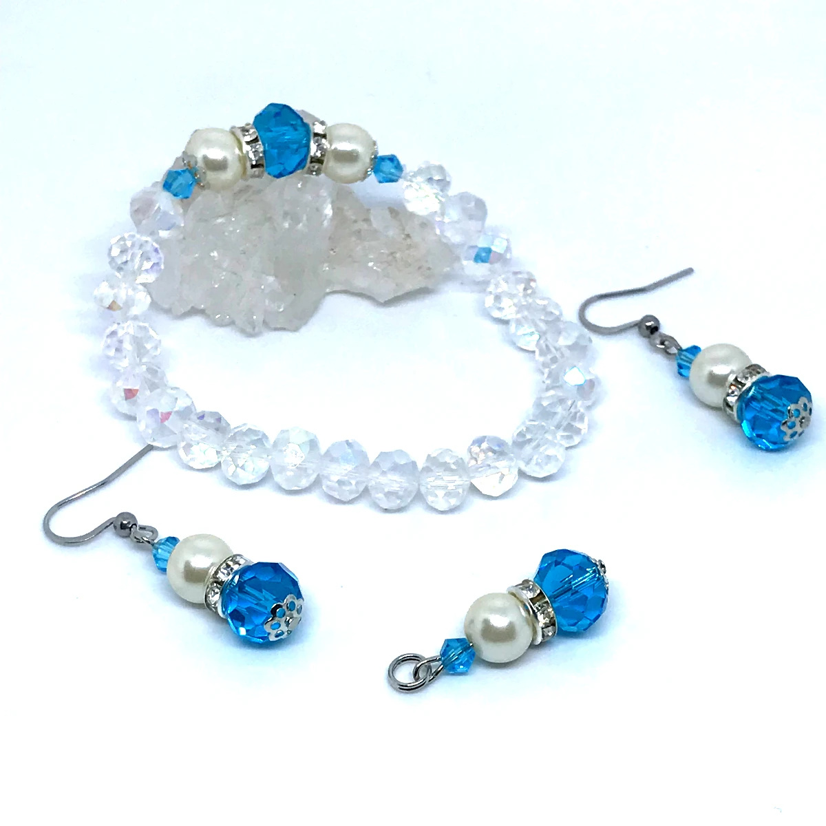 Conjunto Luxo com Pulseira, Pingente e Brincos em Aço Inox com Cristais e Pérola