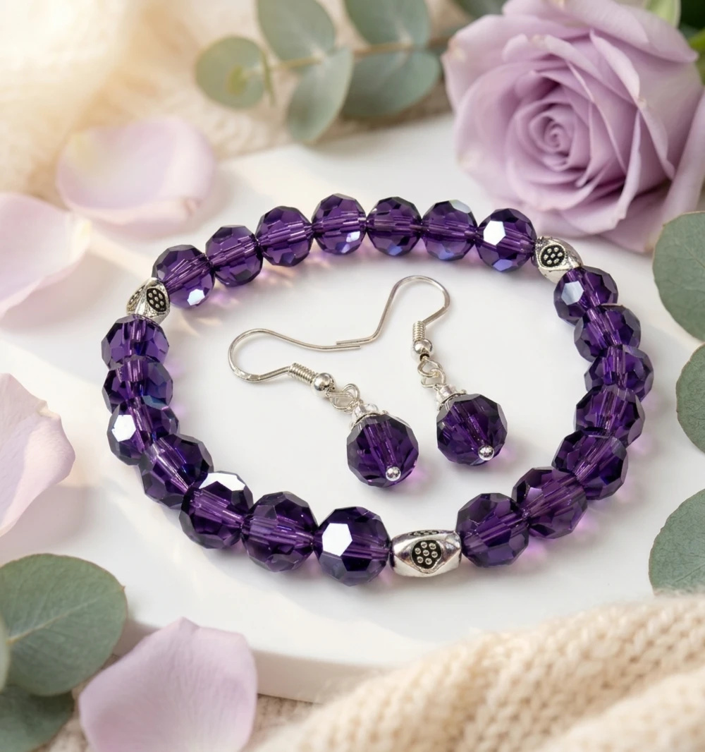 Conjunto Pulseira e Brincos de Cristal Facetado ajustável