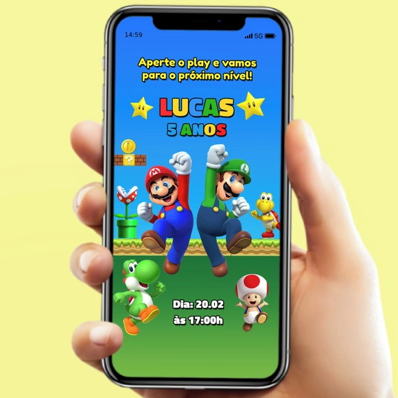Convite Aniversario Virtual Super Mario para Whatsapp
