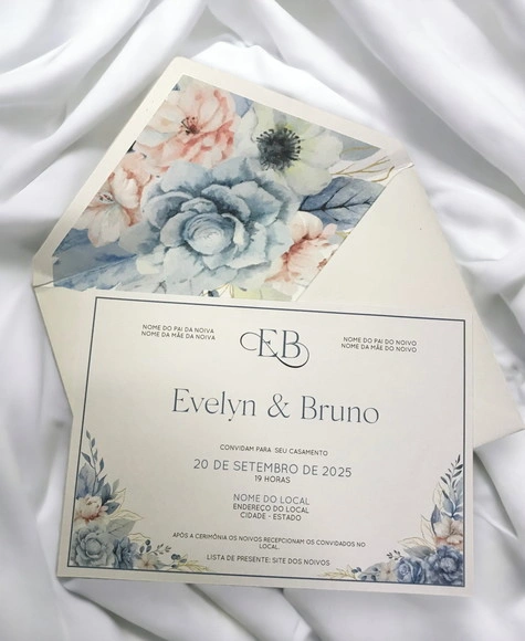 Convite Casamento C/envelope Forrado Floral Azul - 2389