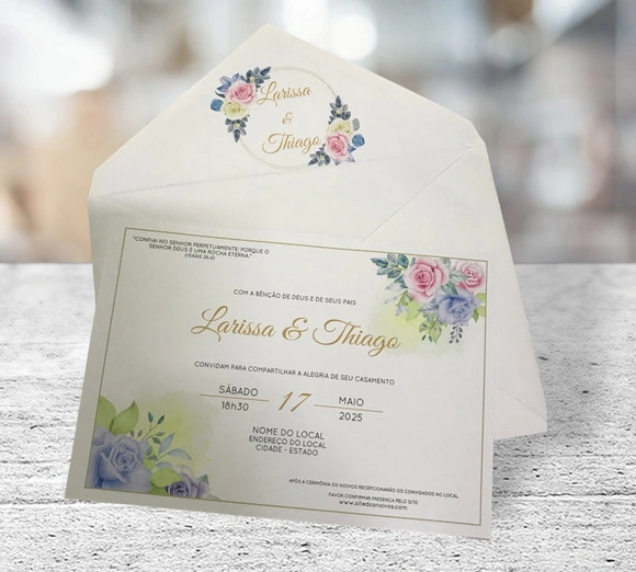 Convite Casamento C/envelope Forrado Floral Azul e Rosa-2392