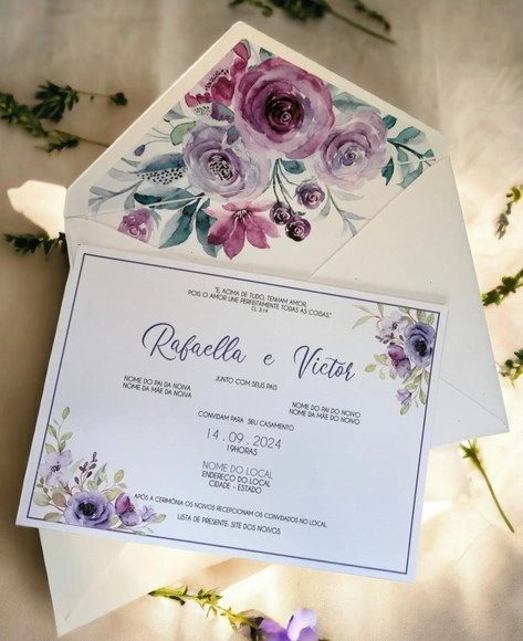 Convite Casamento C/envelope Forrado Floral Lilás - 2387