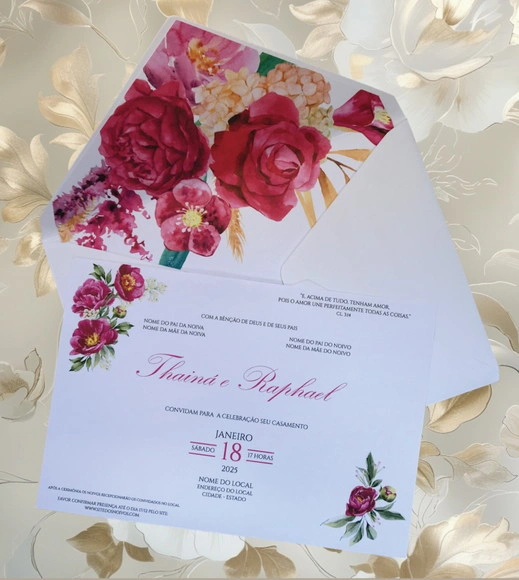 Convite Casamento C/envelope Forrado Floral Magenta - 2388
