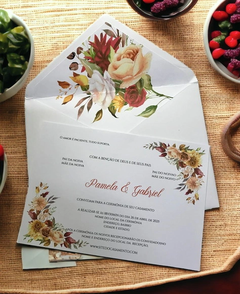 Convite Casamento c/ Envelope Forrado Flores Terracota 2398