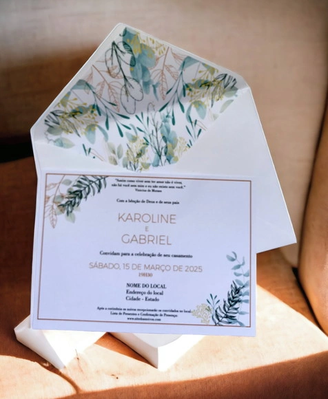 Convite Casamento c/ Envelope Forrado Folhagem Cód.2390