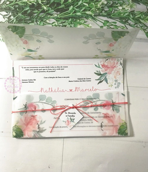 Convite Casamento com Papel Vegetal e Floral Living Coral