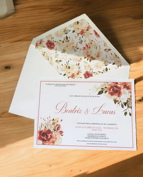 Convite Casamento Envelope C/forro Flores Terracota-2393