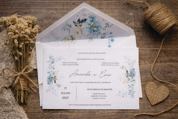 Convite Casamento Envelope Forrado Azul Serenity Ref 2475