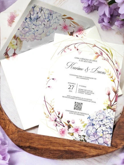 Convite Casamento Envelope Forrado com Hortência e Lacre de