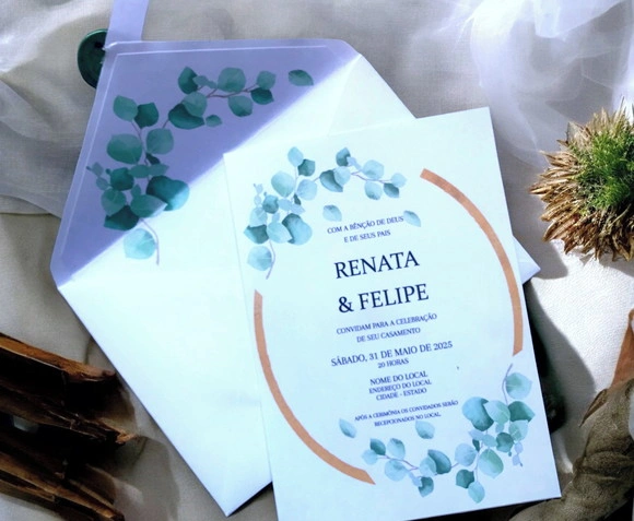 Convite Casamento Envelope Forrado Eucaliptus e Lacre de Cer