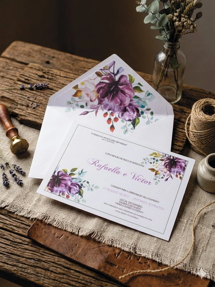 Convite Casamento Envelope Forrado Floral Lavanda Ref 2470