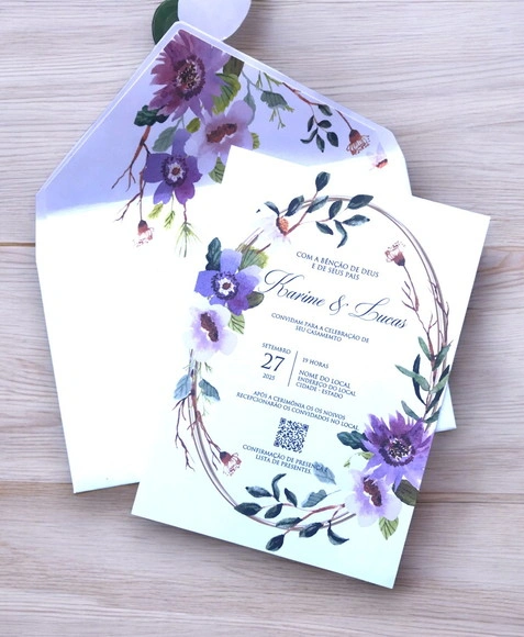 Convite Casamento Envelope Forrado Floral Lilás e Lacre Cera