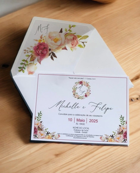 Convite Casamento Envelope Forrado Floral Rosé e Marsala