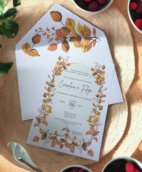 Convite Casamento Envelope Forrado Folhas Terracota 2397