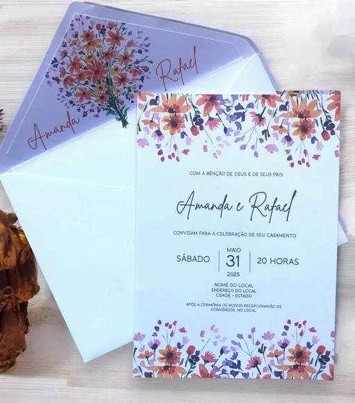 Convite Casamento Envelope Forrado Wildflower e Lacre de Cer