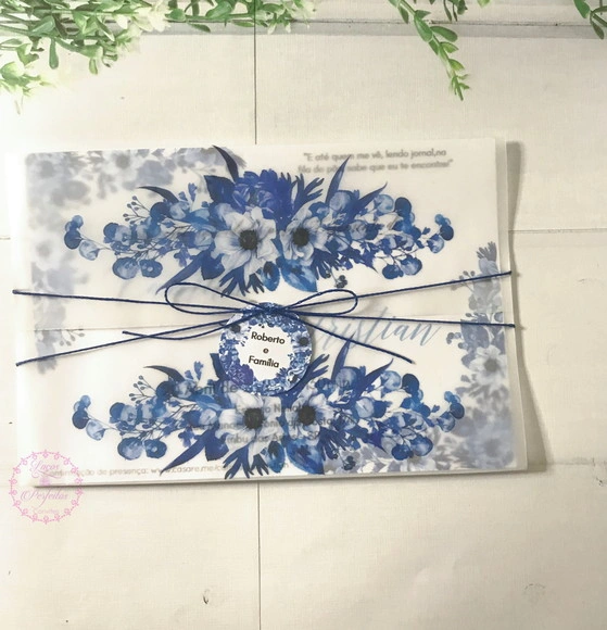 Convite Casamento com Papel Vegetal e Floral Azul