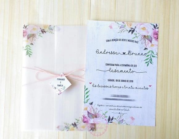 Convite Casamento com Papel Vegetal Floral Rosa e Marsala