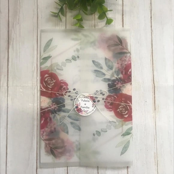 Convite Casamento com Papel Vegetal e Floral Marsala