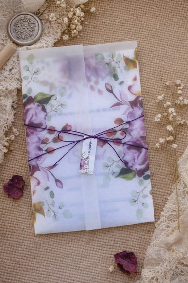 Convite Casamento Papel Vegetal Floral Roxo e Lilás Ref 2471