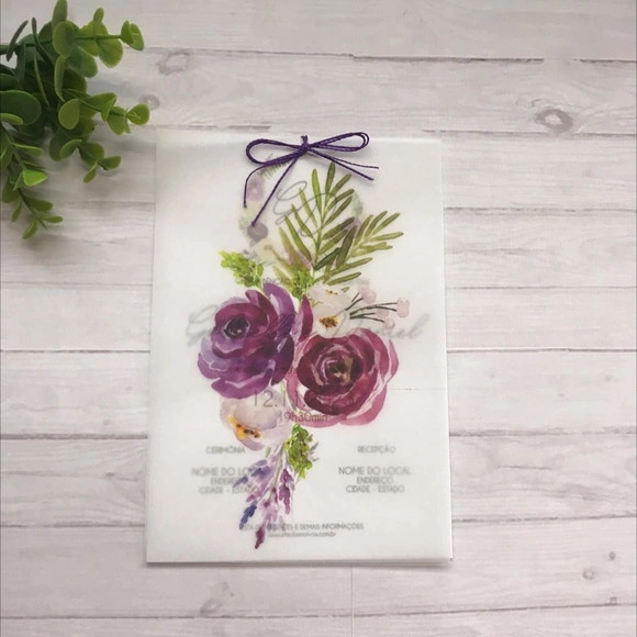 Convite Casamento com Papel Vegetal Floral Roxo/lilás
